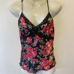Y2K PinkK Babydoll Cami TankTop Satin Floral LaceTrim Sweetheart Hot Sexy Love M